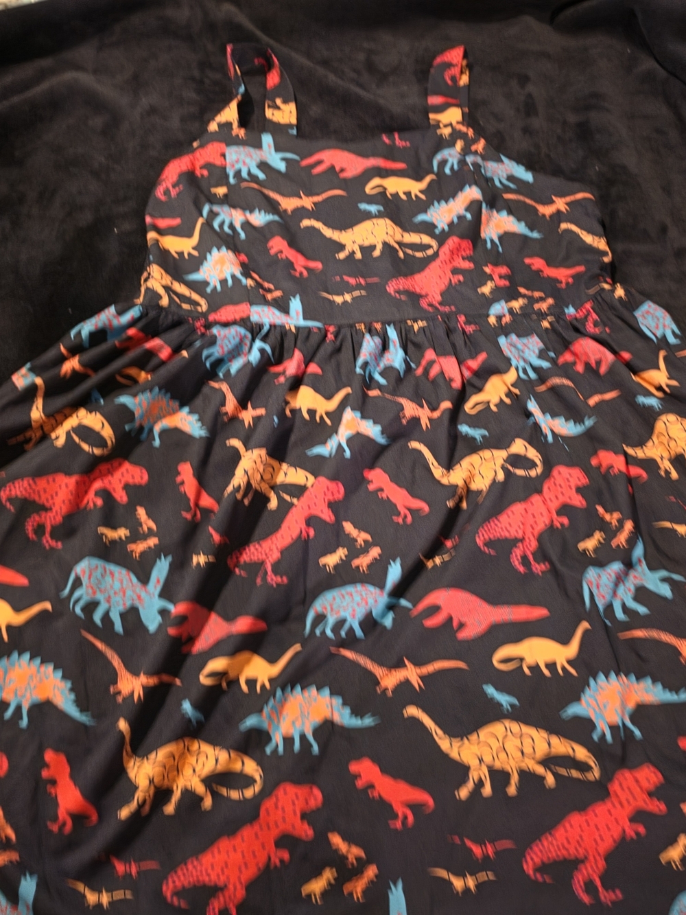 SHEIN Black Midi Dress with Red, Orange & Blue Dinosaur Print